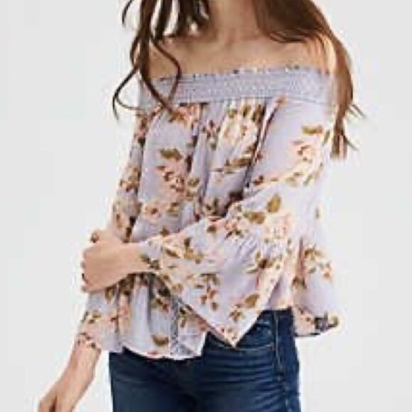 American Eagle Off-The Shoulder Purple Floral Top (M) - Picture 2 of 6